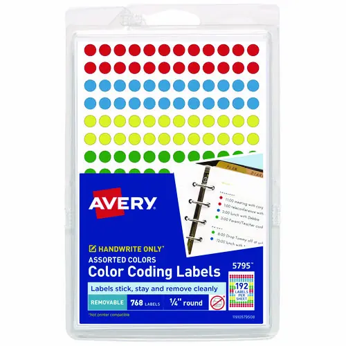 Avery® Handwrite Only Self-Adhesive Removable Round Color-Coding Labels, Assorted Colors, 768 Labels (Model 5795)