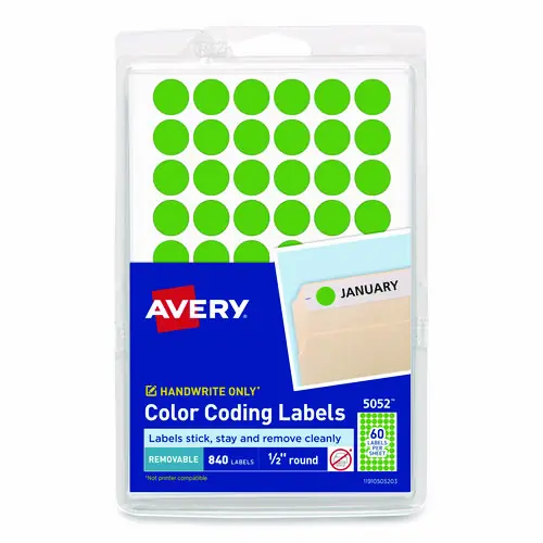 Avery® Handwrite Only Self-Adhesive Removable Round Color-Coding Labels, Neon Green, 60/Sheet, 14 Sheets/Pack (5052)