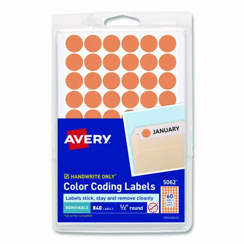 Avery® Handwrite Only Self-Adhesive Removable Round Color-Coding Labels, Neon Orange, 0.5" Diameter, 840 Labels/Pack (5062)