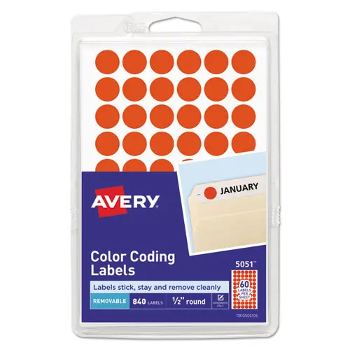 Avery® Handwrite Only Self-Adhesive Removable Round Color-Coding Labels, Neon Red, 0.5" Diameter, 60 Labels/Sheet, 14 Sheets/Pack (5051)