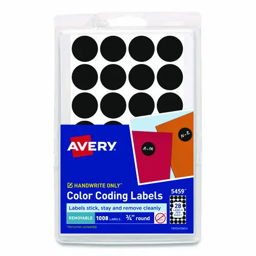 Avery® Handwrite Only Self-Adhesive Removable Round Color-Coding Labels, Black, 0.75" Diameter, 28 Labels/Sheet, 36 Sheets/Pack (5459)