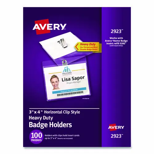 Avery® Heavy-Duty Clip-Style Badge Holders, Horizontal, 4" x 3", Clear, 100/Box