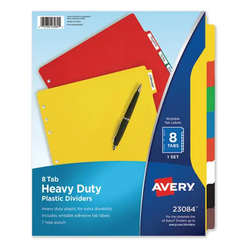Avery® Heavy-Duty Plastic Dividers with Multicolor Tabs and White Labels, 8-Tab, 11 x 8.5, Assorted, 1 Set