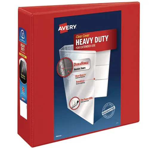 Avery® Heavy-Duty View Binder with DuraHinge and Locking One Touch EZD Rings, 3" Capacity, 3 Rings, 11 x 8.5, Red