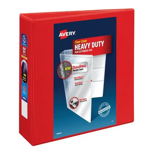 Avery® Heavy-Duty View Binder with DuraHinge and Locking One Touch EZD Rings, 3" Capacity, Red, 4/Carton