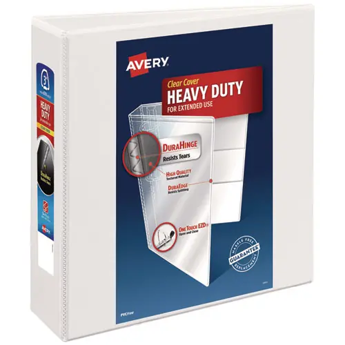 Avery® Heavy-Duty View Binder with DuraHinge and Locking One Touch EZD Rings, 3" Capacity, White