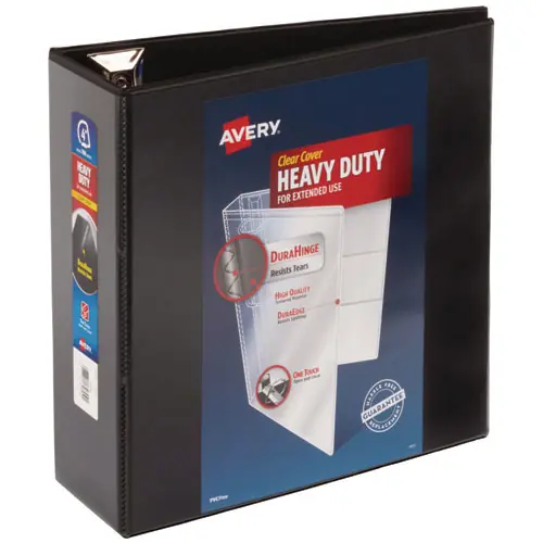 Avery® Heavy-Duty View Binder with DuraHinge and Locking One Touch EZD Rings, 3 Rings, 4" Capacity, 11 x 8.5, Black
