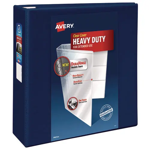 Avery® Heavy-Duty View Binder with DuraHinge and Locking One Touch EZD Rings, 4" Capacity, 3 Rings, 11 x 8.5, Navy Blue