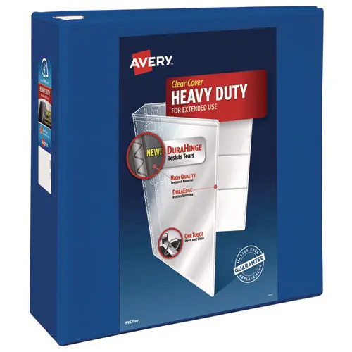 Avery® Heavy-Duty View Binder with DuraHinge and Locking One Touch EZD Rings, 4" Capacity, 3 Rings, Pacific Blue