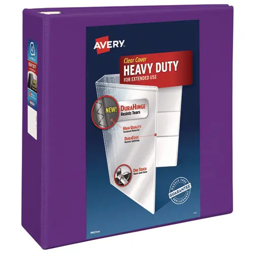 Avery® Heavy-Duty View Binder with DuraHinge and Locking One Touch EZD Rings, 3 Rings, 4" Capacity, Purple