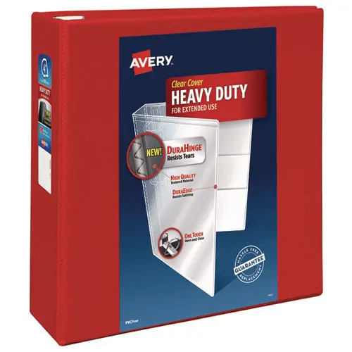Avery® Heavy-Duty View Binder with DuraHinge and Locking One Touch EZD Rings, 3 Rings, 4" Capacity, 11 x 8.5, Red