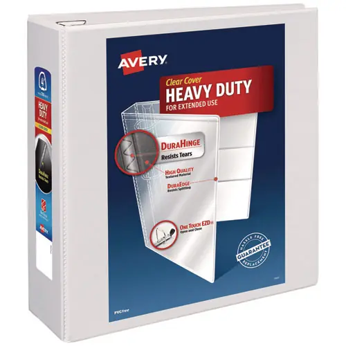 Avery® Heavy-Duty View Binder with DuraHinge and Locking One Touch EZD Rings, 4" Capacity, 3 Rings, White