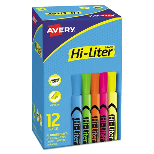 Avery® HI-LITER Desk-Style Highlighters, Assorted Ink Colors, Chisel Tip, Assorted Barrel Colors, Dozen
