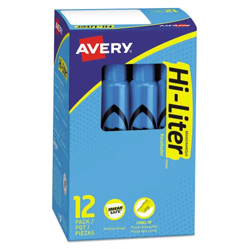 Avery® HI-LITER Desk-Style Highlighters, Fluorescent Blue Ink, Chisel Tip, Blue/Black Barrel, Dozen
