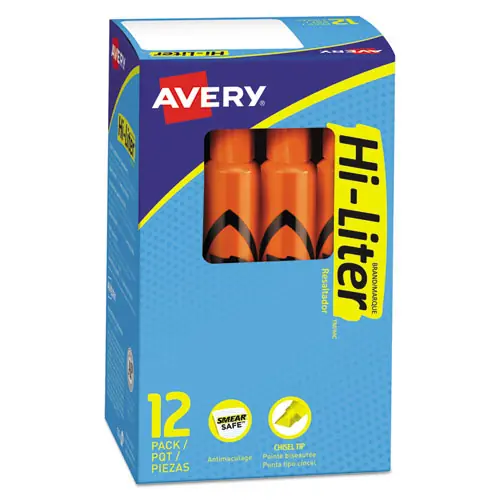 Avery® HI-LITER Desk-Style Highlighters, Fluorescent Orange Ink, Chisel Tip, Orange/Black Barrel, Dozen