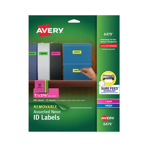 Avery® High-Vis Removable Laser/Inkjet ID Labels with Sure Feed, Neon Colors, 360 Labels