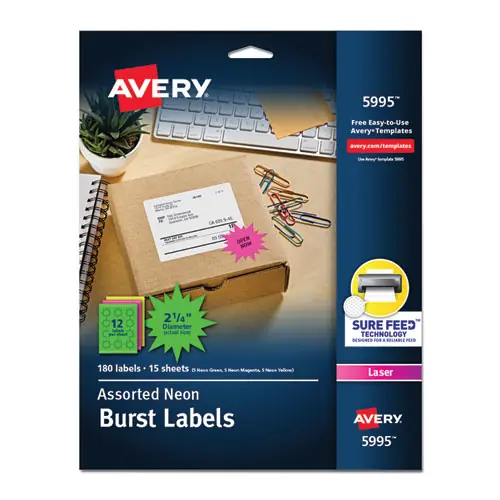 Avery® High-Visibility ID Labels, Laser Printers, 2.25" dia, Assorted, 12/Sheet, 15 Sheets/Pack