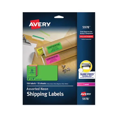 Avery® High-Visibility Permanent Laser ID Labels, Assorted Neon Colors, 2" x 4", 150 Labels/Pack
