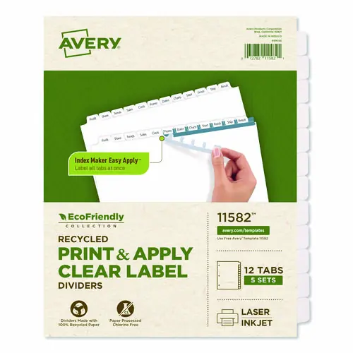 Avery® Index Maker EcoFriendly Print and Apply Clear Label Dividers with White Tabs, 12-Tab, White, 5 Sets