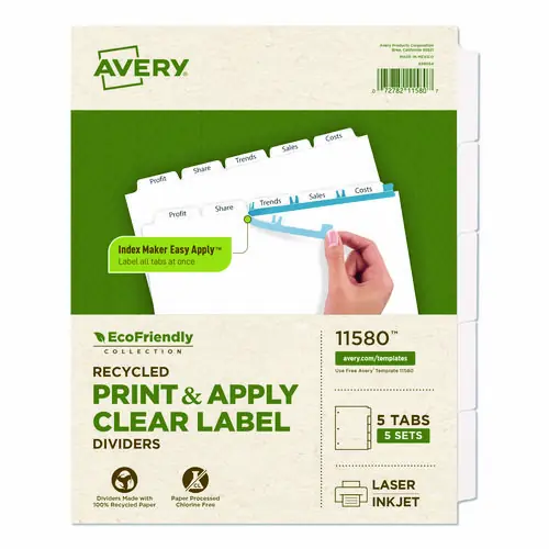 Avery® Index Maker EcoFriendly Print and Apply Clear Label Dividers with White Tabs, 5-Tab, 11 x 8.5, White, 5 Sets