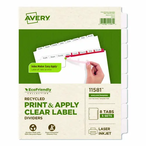 Avery® Index Maker EcoFriendly Print and Apply Clear Label Dividers with White Tabs, 8-Tab, 11 x 8.5, White, 5 Sets