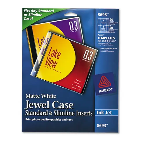 Avery® Inkjet CD/DVD Jewel Case Inserts, Matte White, 20/Pack