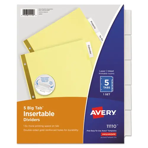 Avery® Insertable Big Tab Dividers, 5-Tab, Buff, Clear Tabs, Double-Sided Gold Edge Reinforcing, 11 x 8.5, 1 Set