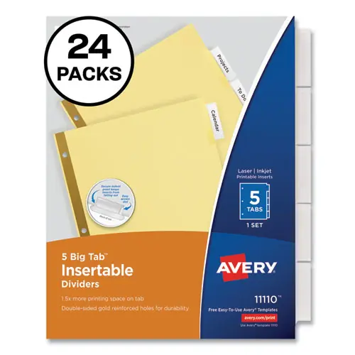 Avery® Insertable Big Tab Dividers, 5-Tab, Double-Sided Gold Edge Reinforcing, Buff, Clear Tabs, 24 Sets