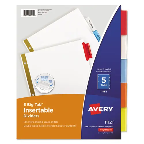 Avery® Insertable Big Tab Dividers, 5-Tab, Double-Sided Gold Edge Reinforcing, 11 x 8.5, White, Assorted Tabs