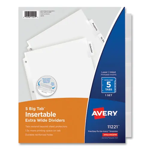 Avery® Insertable Big Tab Dividers, 5-Tab, White with Clear Tabs, 11.13 x 9.25, Single-Sided Copper Edge Reinforcing, 1 Set