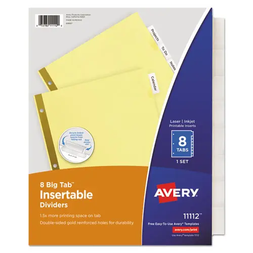 Avery® Insertable Big Tab Dividers, 8-Tab, Double-Sided Gold Edge Reinforcing, Buff, Clear Tabs, 1 Set