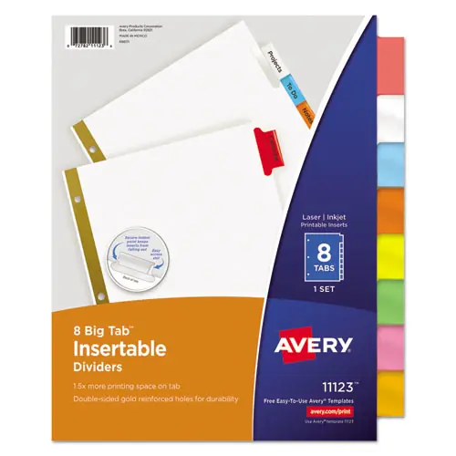 Avery® Insertable Big Tab Dividers, 8-Tab, Double-Sided Gold Edge Reinforcing, 11 x 8.5, White, Assorted Tabs, 1 Set