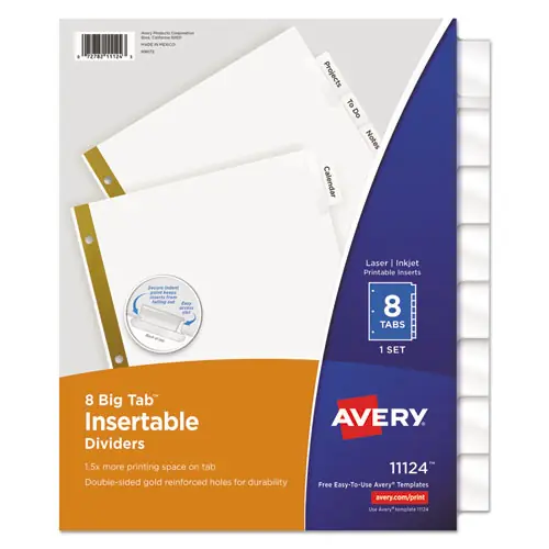 Avery® Insertable Big Tab Dividers, 8-Tab, Double-Sided Gold Edge Reinforcing, 11 x 8.5, White, Clear Tabs, 1 Set