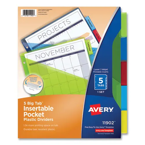 Avery® Insertable Big Tab Plastic 1-Pocket Dividers, 5-Tab, Assorted Colors, 1 Set