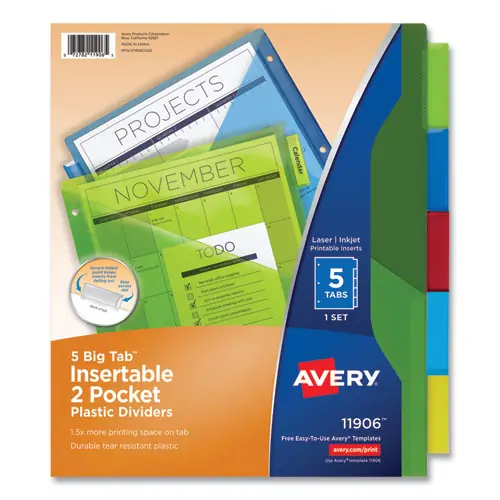 Avery® Insertable Big Tab Plastic 2-Pocket Dividers, 5-Tab, Assorted, 1 Set
