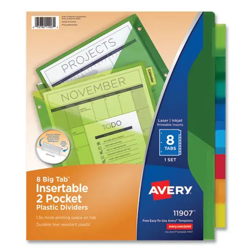 Avery® Insertable Big Tab Plastic 2-Pocket Dividers, 8-Tab, Assorted Colors
