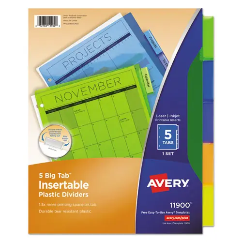 Avery® Insertable Big Tab Plastic Dividers, 5-Tab, 11 x 8.5, Assorted