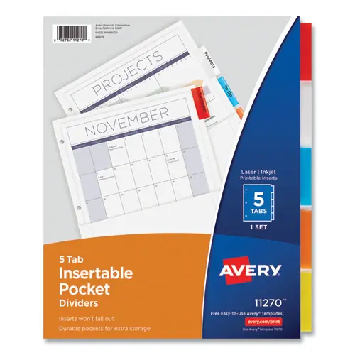 Avery® Insertable Dividers w/Single Pockets, 5-Tab, White, 1 Set