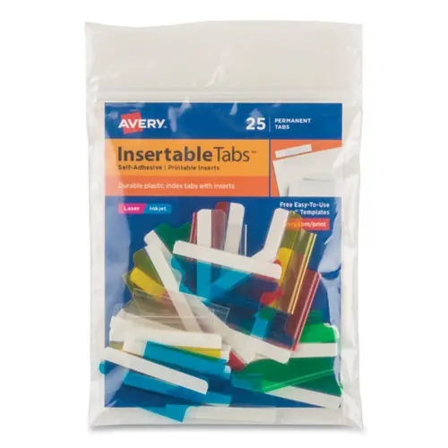 Avery® Insertable Index Tabs with Printable Inserts, 1/5-Cut, Assorted Colors, 1.5" Wide, 25/Pack