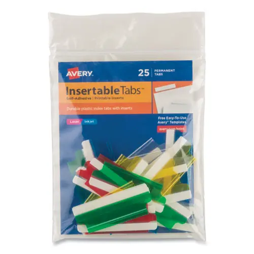 Avery® Insertable Index Tabs with Printable Inserts, 1/5-Cut, Assorted Colors, 2" Wide, 25/Pack