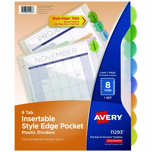 Avery® Insertable Style Edge Tab Plastic 1-Pocket Dividers, 8-Tab, Translucent, 1 Set
