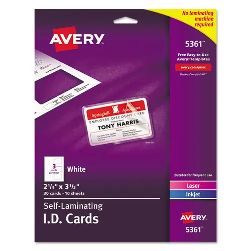 Avery® Laminated Laser/Inkjet ID Cards, White, 30/Box