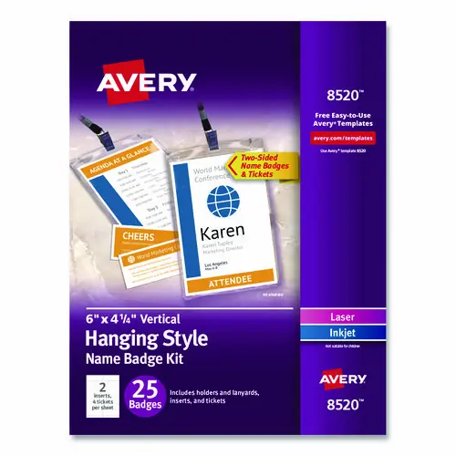Avery® Lanyard-Style Badge Holder with Laser/Inkjet Printable Inserts, Top Load, 4.25" x 6", White, 25/Pack