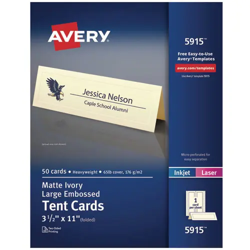 Avery® Large Embossed Tent Card, Ivory, 11 x 3.5, 1 Card/Sheet, 50 Sheets/Pack