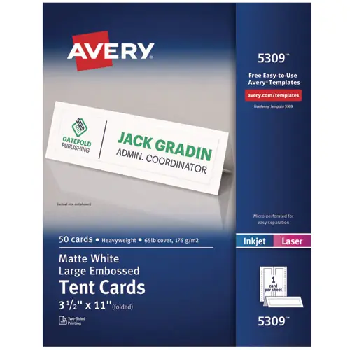 Avery® Large Embossed Tent Card, White, 11" x 3.5", 1 Card/Sheet, 50 Sheets/Box