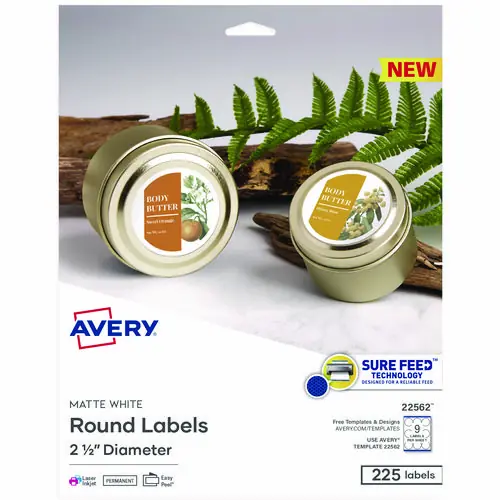 Avery® Laser/Inkjet Media Labels, 2.5" Diameter, Matte White, 9 Labels Per Sheet, 25 Sheets Per Pack