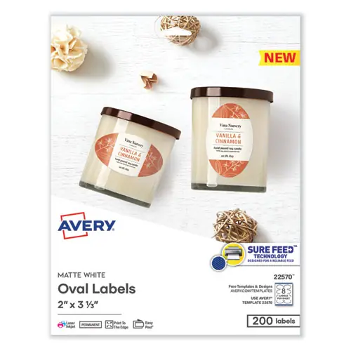 Avery® Laser/Inkjet Media Labels, 2 x 3.33 Oval, White, 200 Labels (8/Sheet, 25 Sheets/Pack)