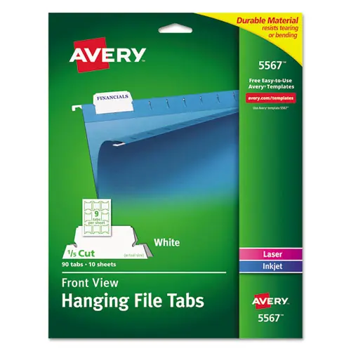 Avery® Laser Printable Hanging File Tabs, 1/5-Cut, White, 90 Tabs