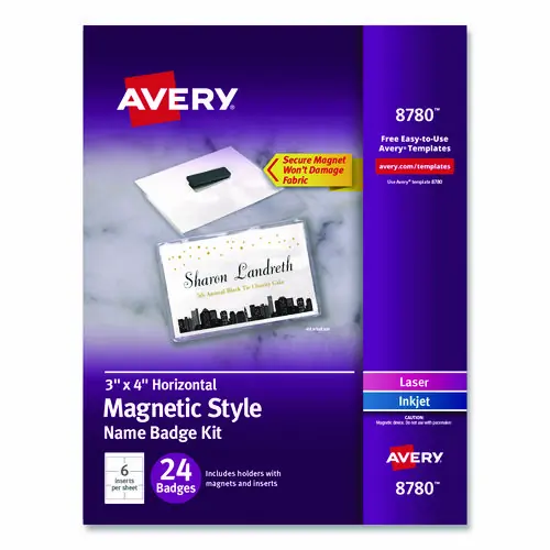 Avery® Magnetic Style Name Badge Kit, 4" x 3", White, 24/Pack