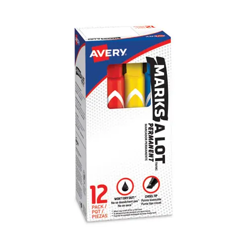 Avery® MARKS A LOT Large Desk-Style Permanent Marker, Broad Chisel Tip, Assorted Colors, 12/Set (24800)